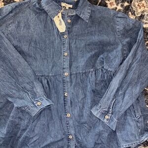 Easel Los Angeles Denim Chambray Peplum Button Down Ruffle Back Top Blue Size L